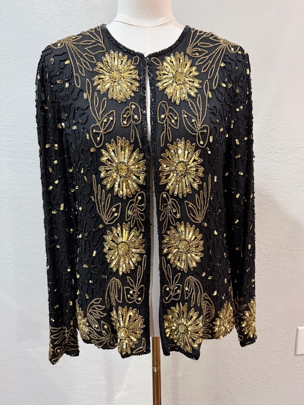 Black and Gold Beaded Floral Sequin Silk Jacket M-L